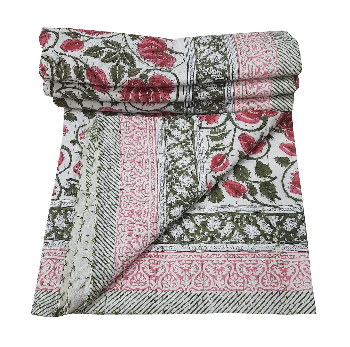 Handmade Cotton Kantha Bedspread Quilt Handmade Throw Blanket Gudari Traditional block Printed