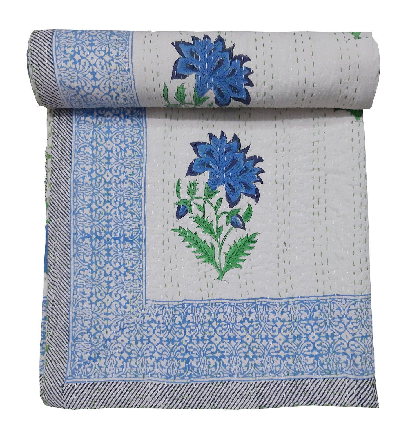 Handmade Cotton Kantha Bedspread Quilt Handmade Throw Blanket Gudari Traditional block Printed