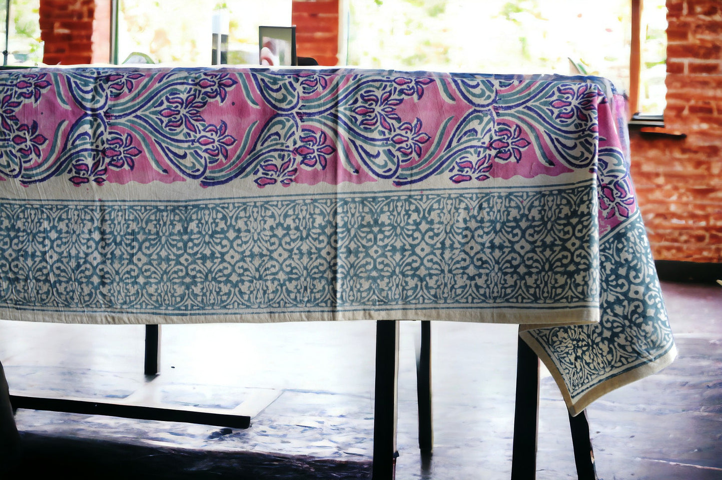 Indian Hand Block Traditional Printed Tablecloth Handmade Cotton Floral 6 Seater Tabletop Decorative for Dinning Table 60 * 90 Inches with Nepkins