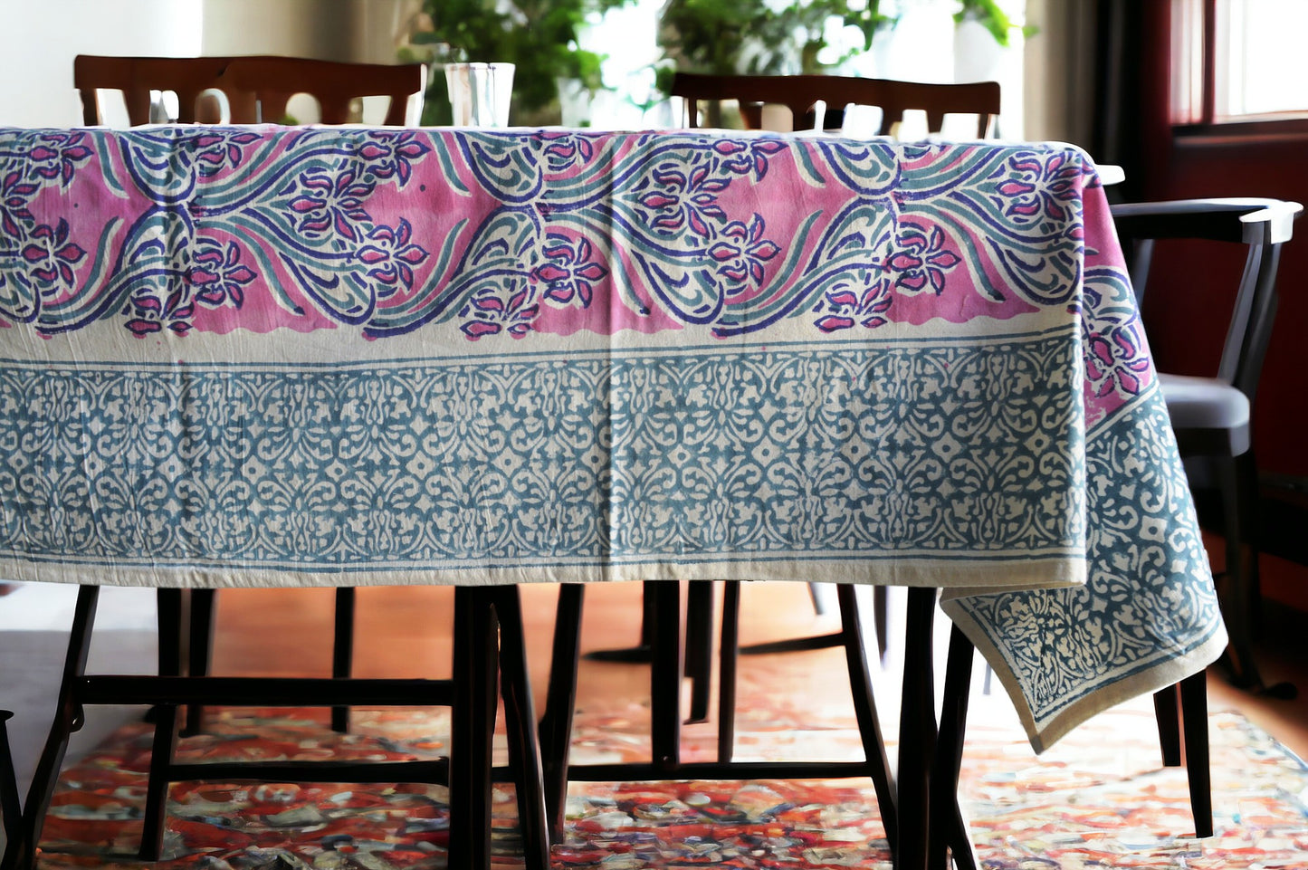 Indian Hand Block Traditional Printed Tablecloth Handmade Cotton Floral 6 Seater Tabletop Decorative for Dinning Table 60 * 90 Inches with Nepkins