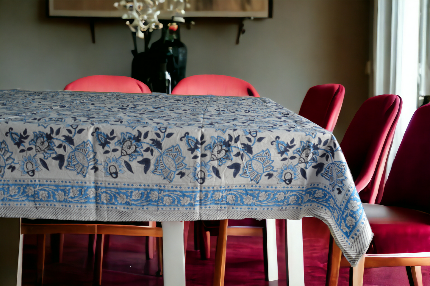 Indian Hand Block Traditional Printed Tablecloth Handmade Cotton Floral 6 Seater Tabletop Decorative for Dinning Table 60 * 90 Inches with Nepkins