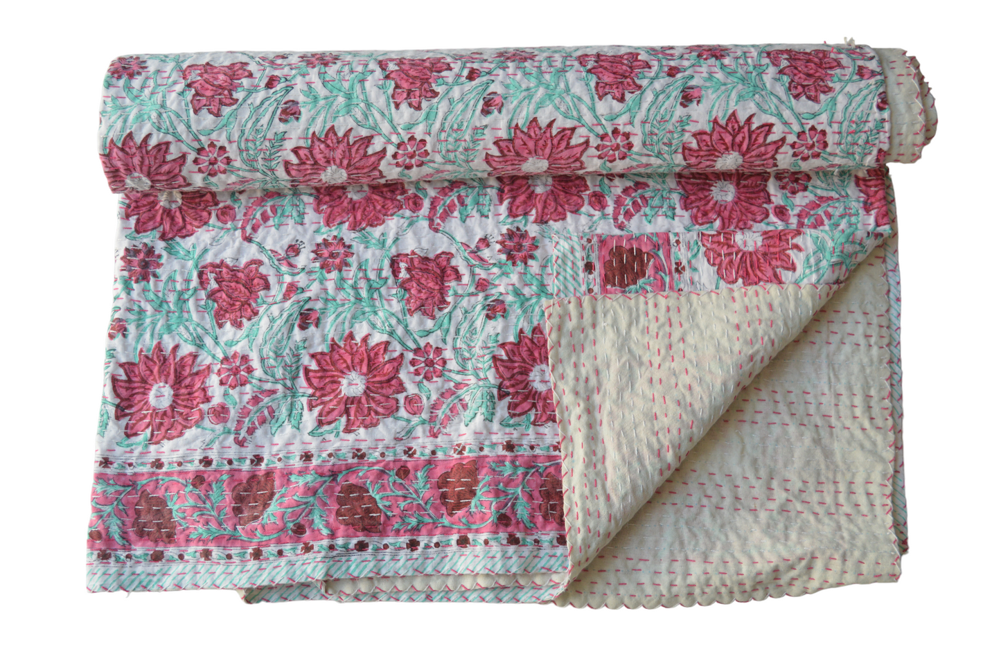 Handmade Cotton Kantha Bedspread Quilt Handmade Throw Blanket Gudari Traditional block Printed