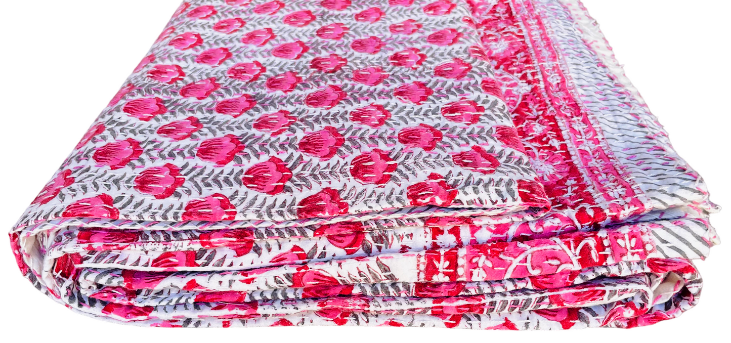 Handmade Cotton Kantha Bedspread Quilt Handmade Throw Blanket Gudari Traditional block Printed