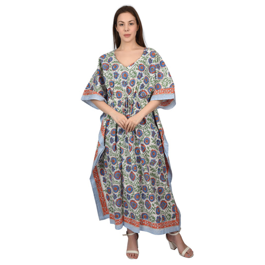 Handblockdruck Baumwollkaftans für Frauen Freie Größe Vintage traditionelle Kunst Maxikleid Schlafkleidung Nachthemd Kaftankleid