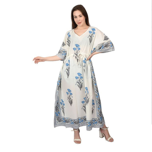 Damen Baumwolle Kaftan Handblockdruck Freie Größe Vintage traditionelle Kunst Maxikleid Schlafbekleidung Kordelzug Nachthemd
