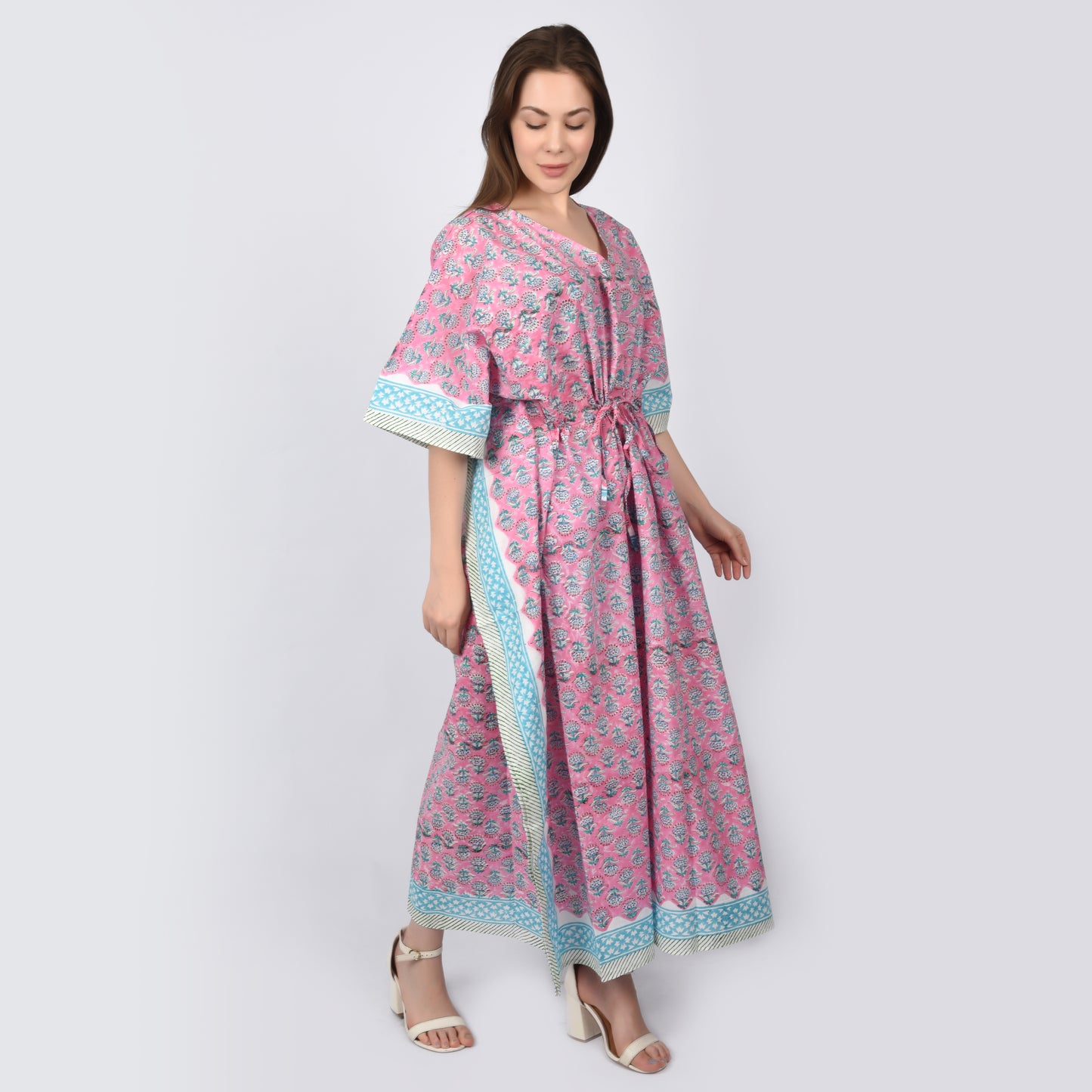 Handblockdruck Baumwollkaftans für Frauen Freie Größe Maxi Traditionelles Kleid Schlafkleidung Maxikleid