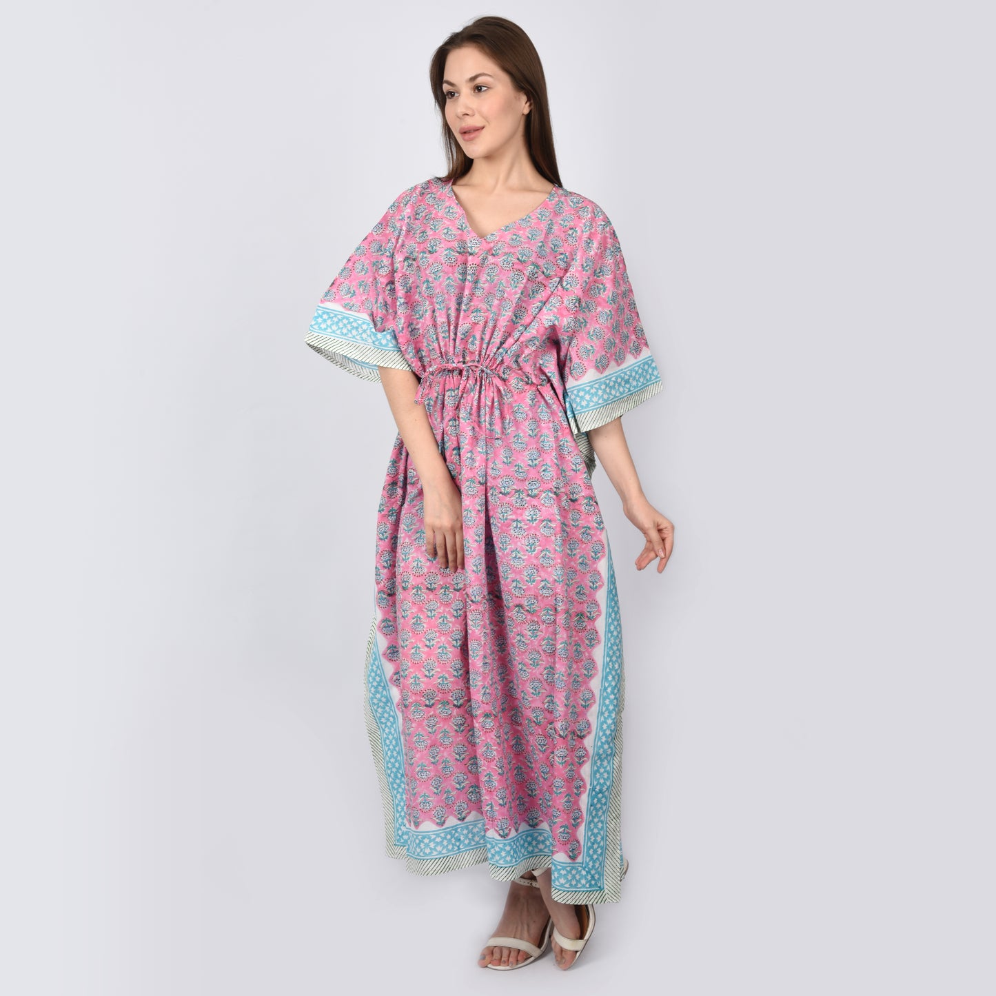 Handblockdruck Baumwollkaftans für Frauen Freie Größe Maxi Traditionelles Kleid Schlafkleidung Maxikleid
