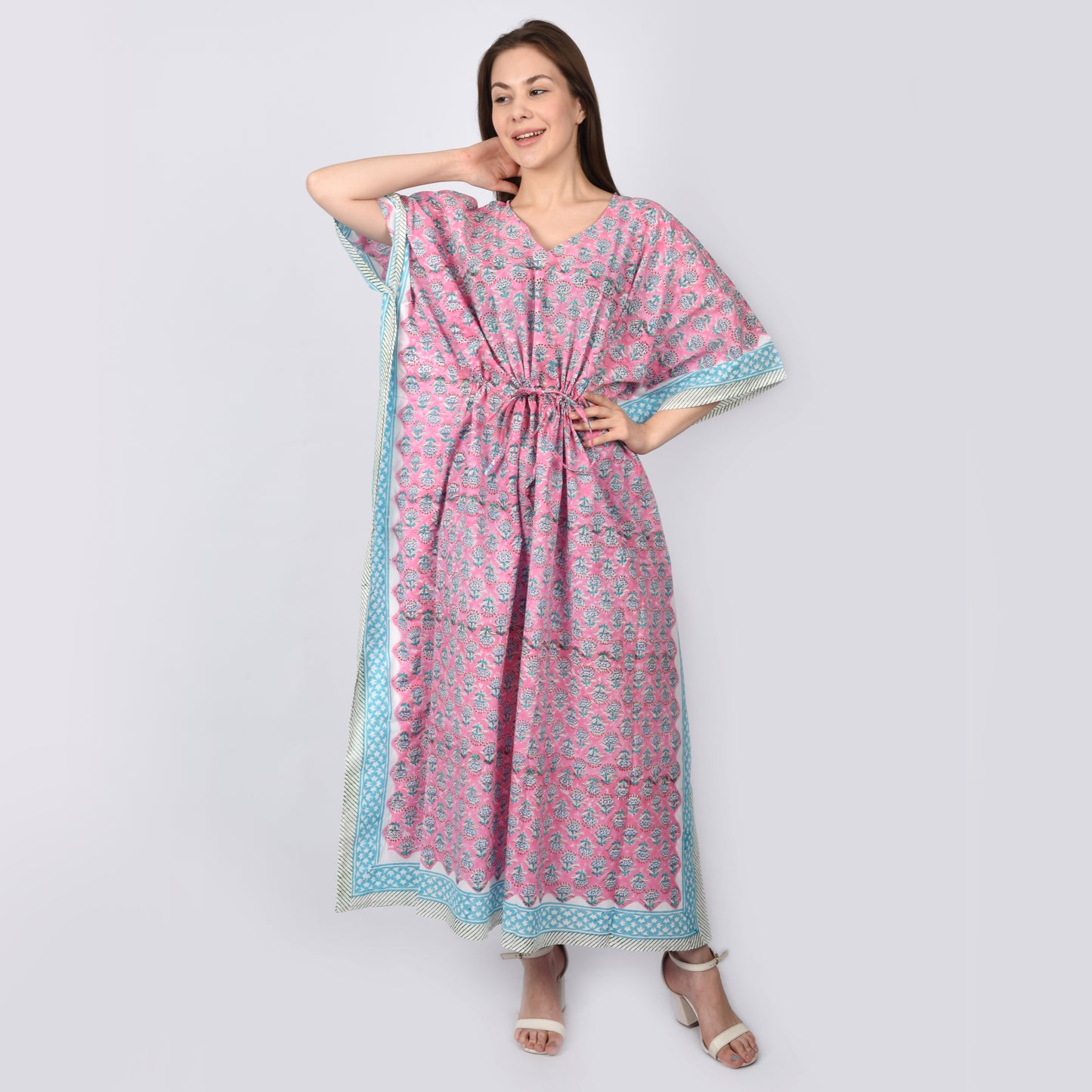 Handblockdruck Baumwollkaftans für Frauen Freie Größe Maxi Traditionelles Kleid Schlafkleidung Maxikleid