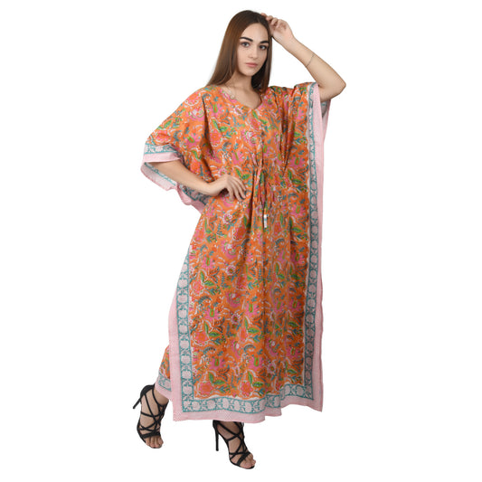 Handblockdruck Baumwollkaftans für Frauen Freie Größe Vintage traditionelle Kunst Maxikleid Schlafkleidung Nachthemd Kaftankleid