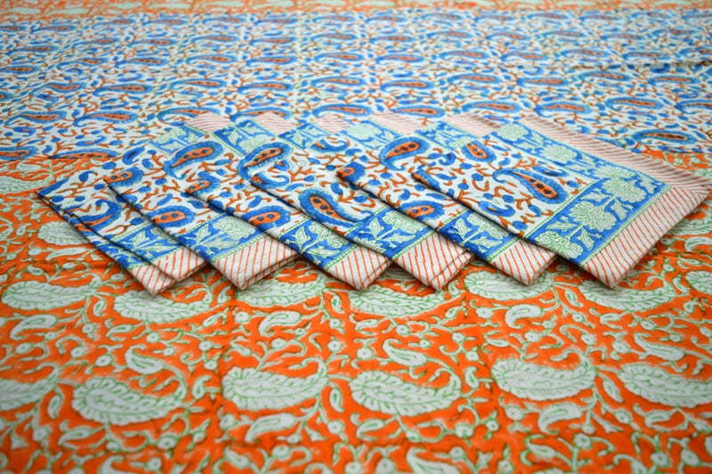 Indian Hand Block Traditional Printed Tablecloth Handmade Cotton Floral 6 Seater Tabletop Decorative for Dinning Table 60 * 90 Inches with Nepkins