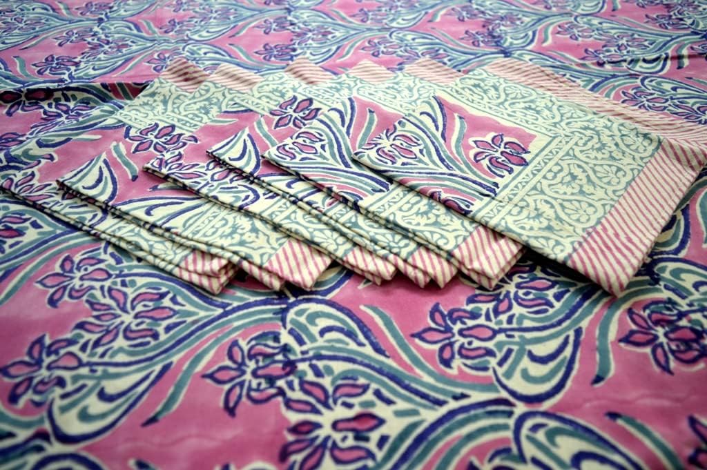 Indian Hand Block Traditional Printed Tablecloth Handmade Cotton Floral 6 Seater Tabletop Decorative for Dinning Table 60 * 90 Inches with Nepkins