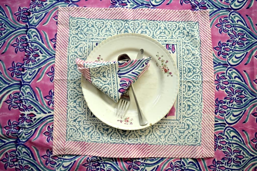 Indian Hand Block Traditional Printed Tablecloth Handmade Cotton Floral 6 Seater Tabletop Decorative for Dinning Table 60 * 90 Inches with Nepkins