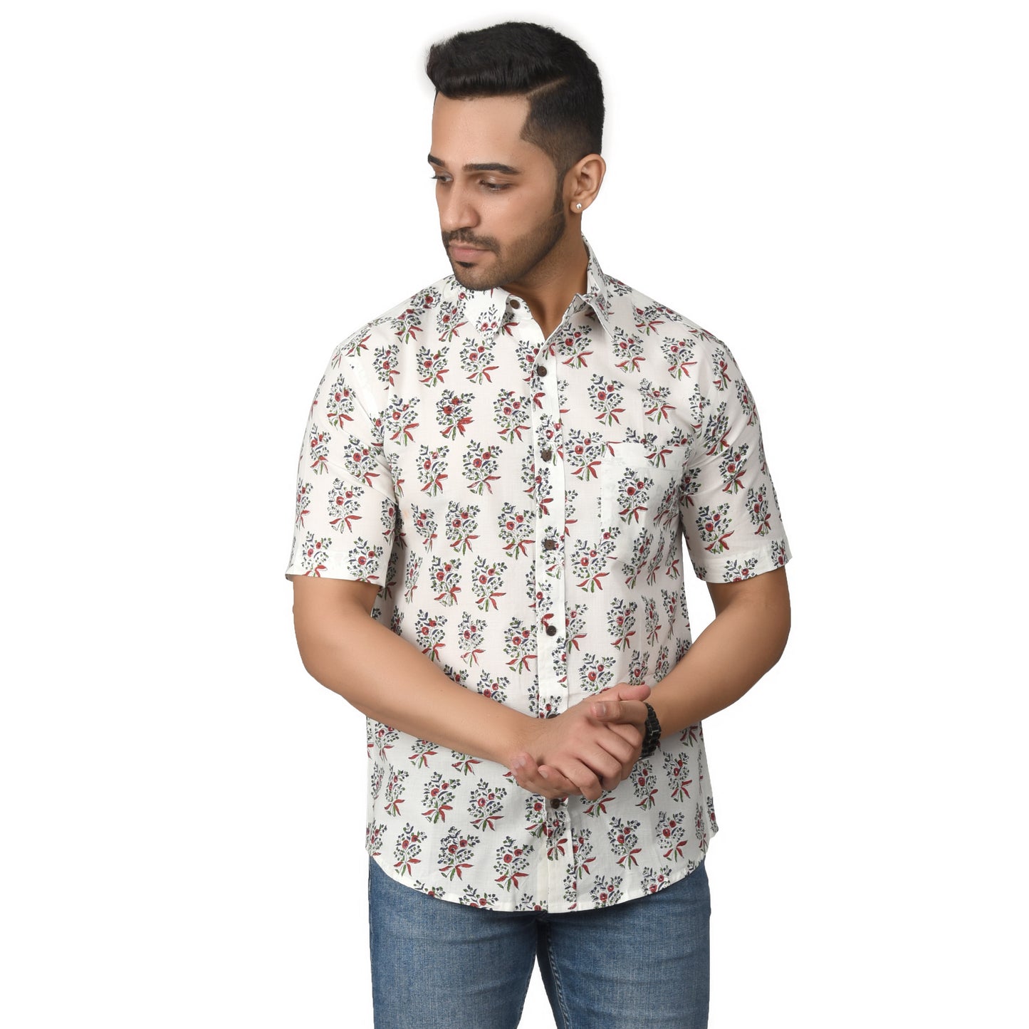 Men's Cotton Half Shirt Slim Fit Half Sleeves Traditional Block Printed Button Down Skin Friendly Cotton fabric Half Shirt