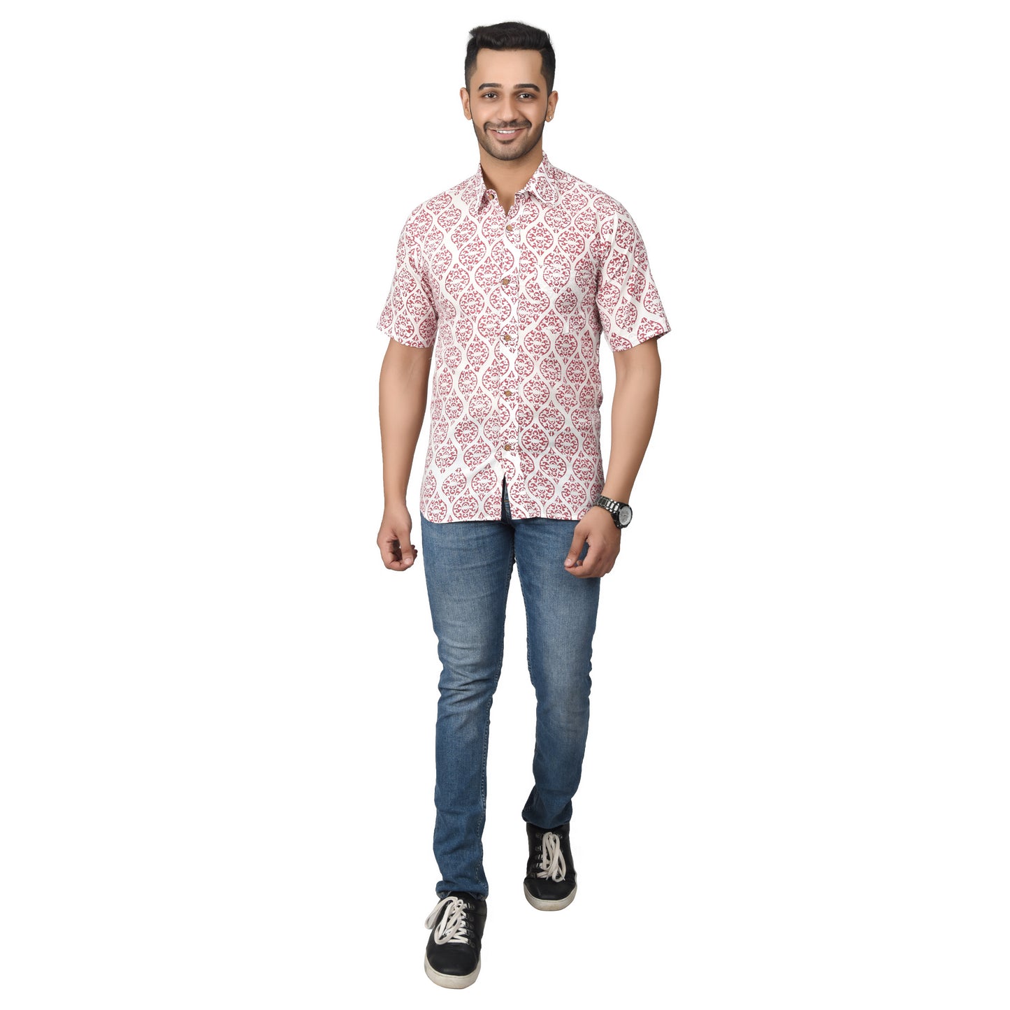 Men's Cotton Half Shirt Slim Fit Half Sleeves Traditional Block Printed Button Down Skin Friendly Cotton fabric Half Shirt