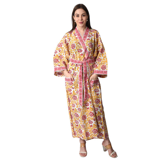 Handblock bedrucktes Sanganeri Jaipuri Florales Damen Kimonokleid Strandkleidung Schlafkleidung Gürtelkleid