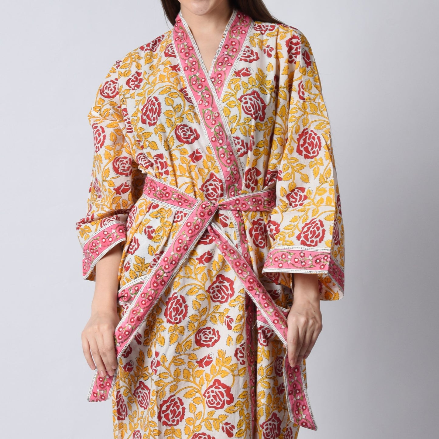 Hand Block Printed Sanganeri Jaipuri Floral Women Casual Kimono Dress Beach wear sleepwear belted dress