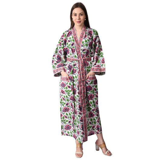 Handblock bedrucktes Sanganeri Jaipuri Florales Damen Kimonokleid Strandkleidung Schlafkleidung Gürtelkleid