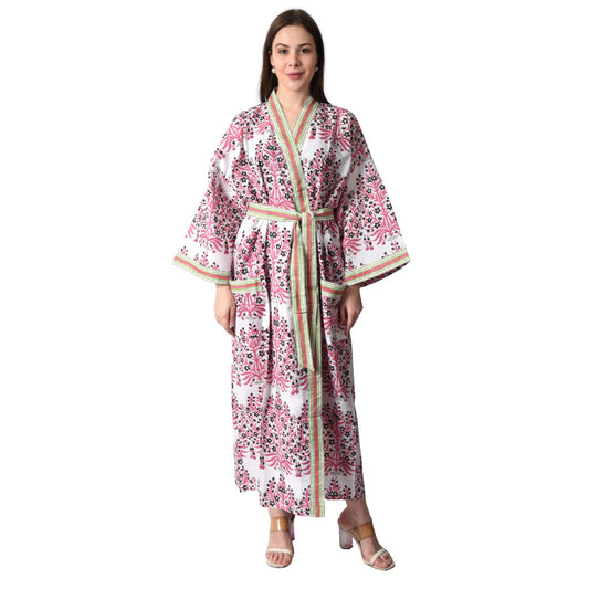 Handblock bedrucktes Sanganeri Jaipuri Florales Damen Kimonokleid Strandkleidung Schlafkleidung Gürtelkleid