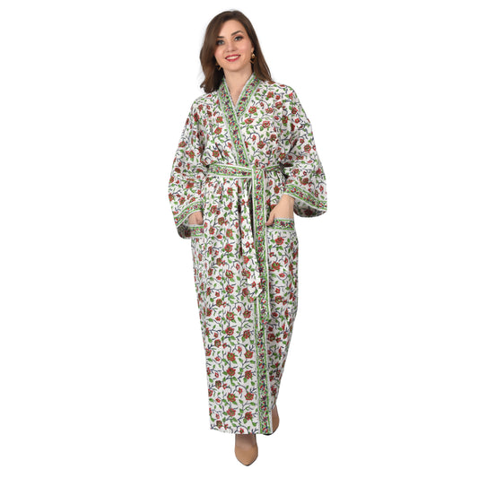 Handblock bedrucktes Sanganeri Jaipuri Florales Damen Kimonokleid Strandkleidung Schlafkleidung Gürtelkleid