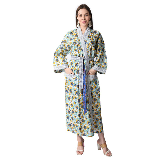 Handblock bedrucktes Sanganeri Jaipuri Florales Damen Kimonokleid Strandkleidung Schlafkleidung Gürtelkleid