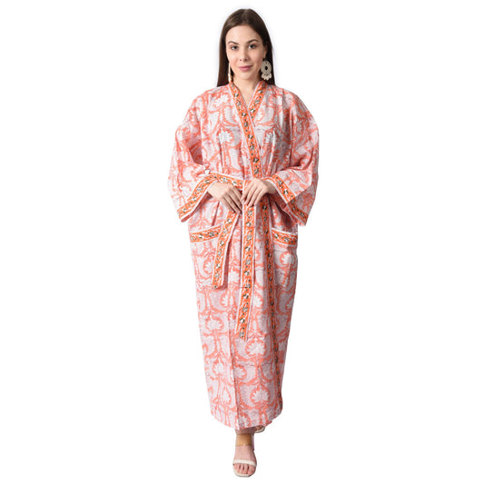 Handblock bedrucktes Sanganeri Jaipuri Florales Damen Kimonokleid Strandkleidung Schlafkleidung Gürtelkleid