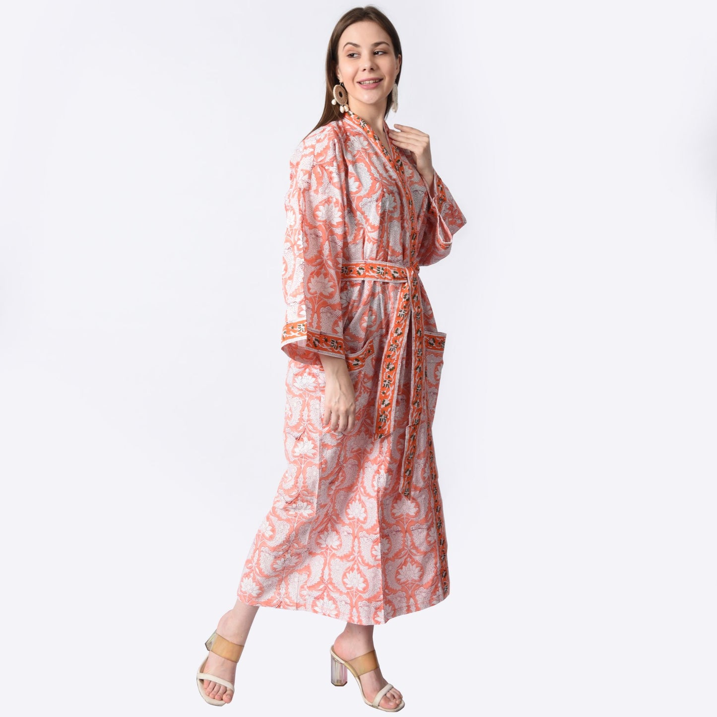 Hand Block Printed Sanganeri Jaipuri Floral Women Casual Kimono Dress Beach wear sleepwear belted dress