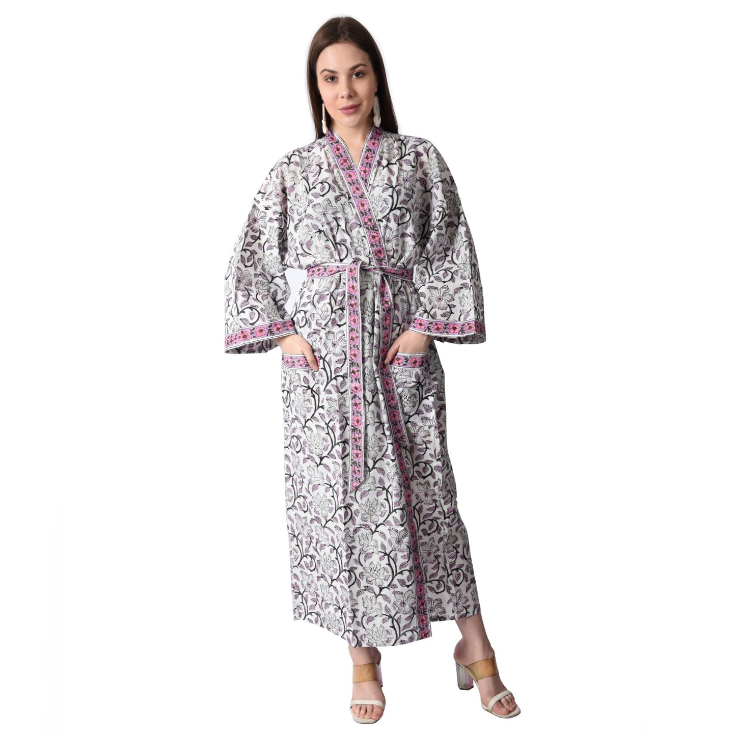 Hand Block Printed Sanganeri Jaipuri Floral Women Casual Kimono Dress Beach wear sleepwear belted dress