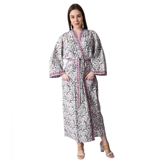 Handblock bedrucktes Sanganeri Jaipuri Florales Damen Kimonokleid Strandkleidung Schlafkleidung Gürtelkleid