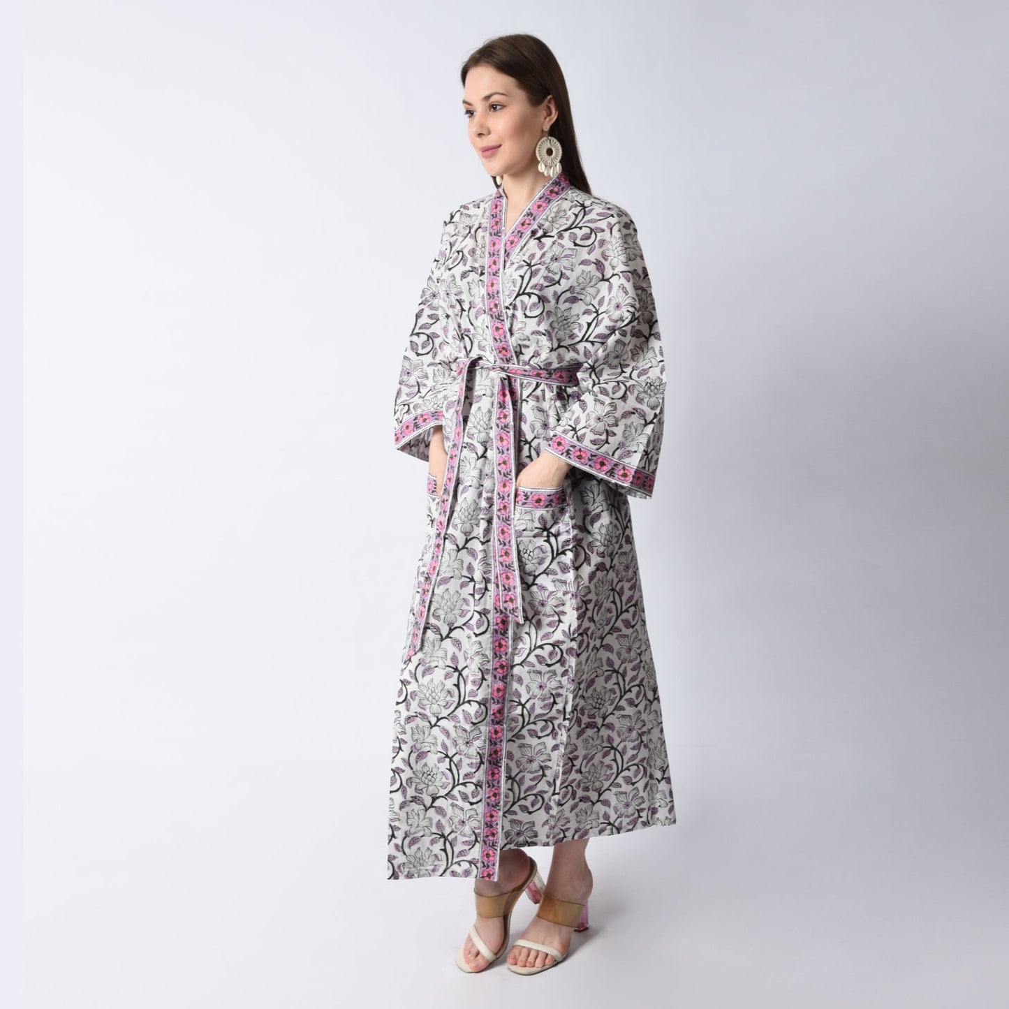Hand Block Printed Sanganeri Jaipuri Floral Women Casual Kimono Dress Beach wear sleepwear belted dress