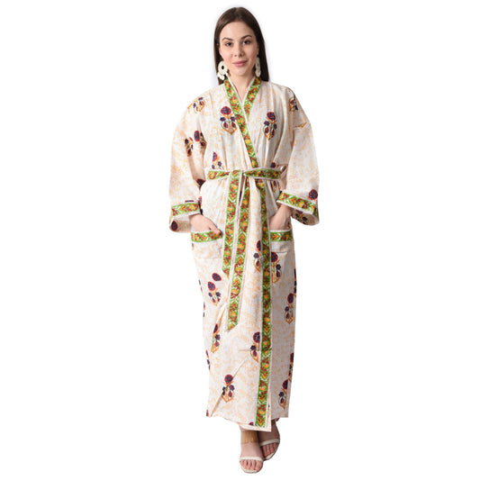Handblock bedrucktes Sanganeri Jaipuri Florales Damen Kimonokleid Strandkleidung Schlafkleidung Gürtelkleid