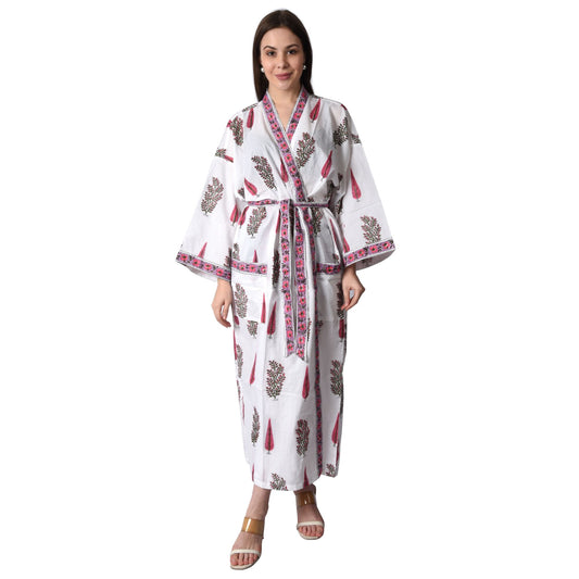 Handblock bedrucktes Sanganeri Jaipuri Florales Damen Kimonokleid Strandkleidung Schlafkleidung Gürtelkleid