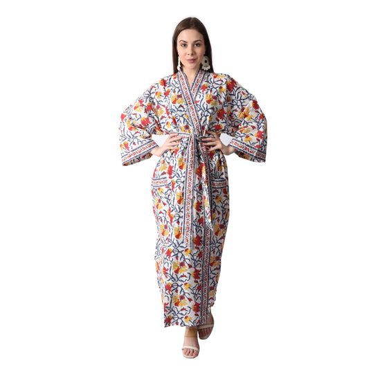 Handblock bedrucktes Sanganeri Jaipuri Florales Damen Kimonokleid Strandkleidung Schlafkleidung Gürtelkleid