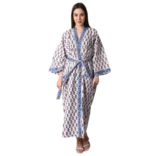 Handblock bedrucktes Sanganeri Jaipuri Florales Damen Kimonokleid Strandkleidung Schlafkleidung Gürtelkleid