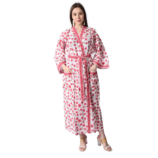 Handblock bedrucktes Sanganeri Jaipuri Florales Damen Kimonokleid Strandkleidung Schlafkleidung Gürtelkleid