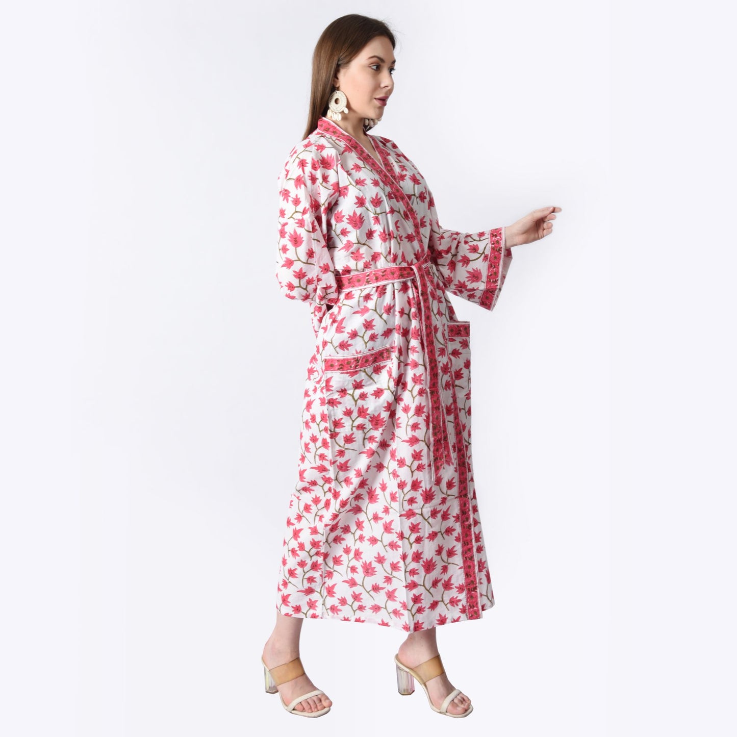 Hand Block Printed Sanganeri Jaipuri Floral Women Casual Kimono Dress Beach wear sleepwear belted dress