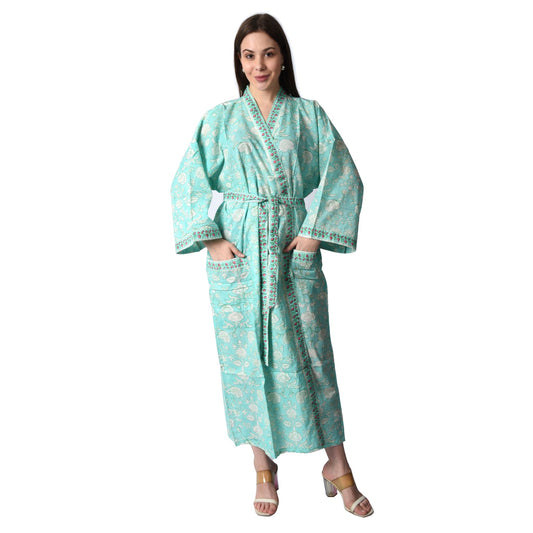 Handblock bedrucktes Sanganeri Jaipuri Florales Damen Kimonokleid Strandkleidung Schlafkleidung Gürtelkleid