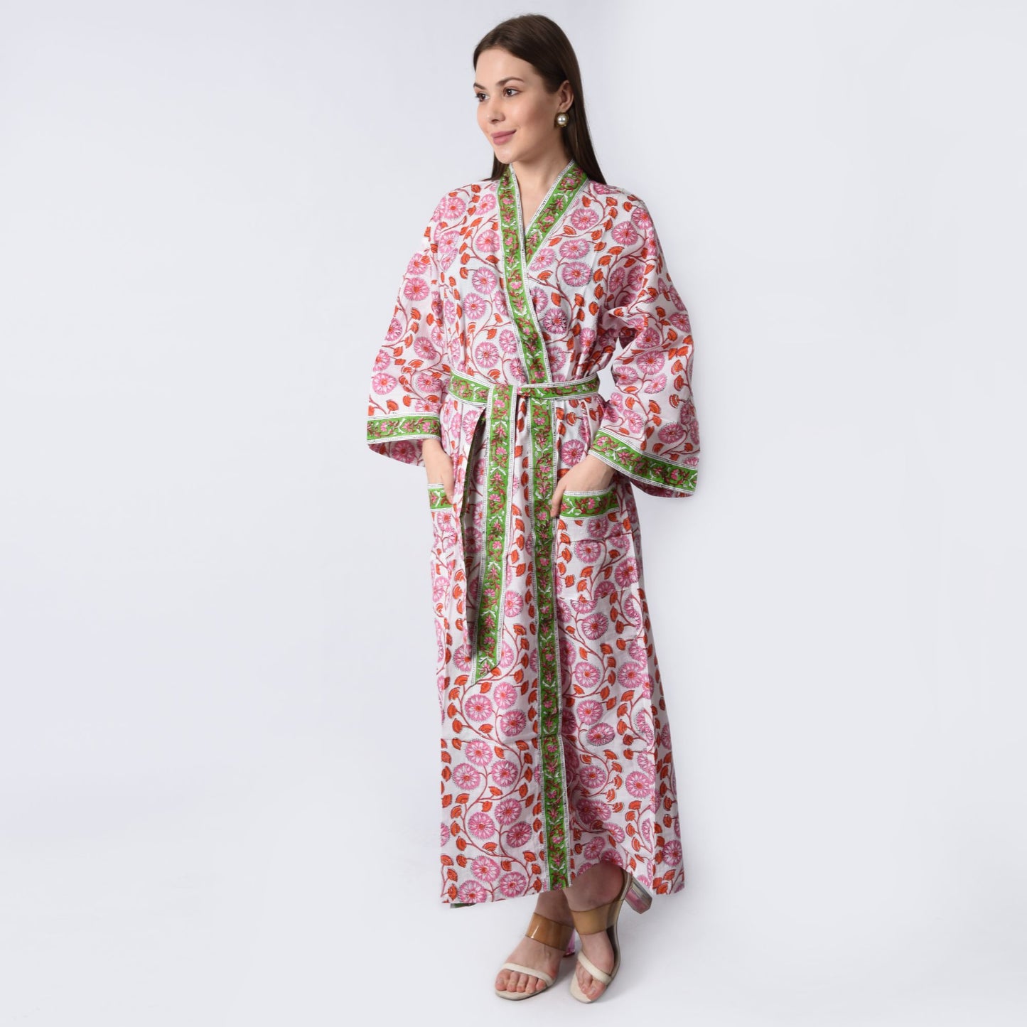 Handblock bedrucktes Sanganeri Jaipuri Florales Damen Kimonokleid Strandkleidung Schlafkleidung Gürtelkleid