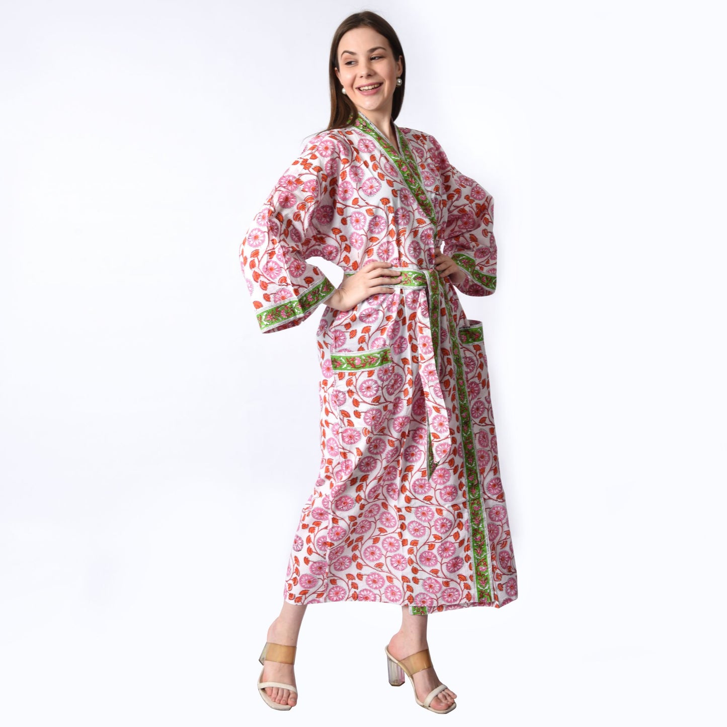 Handblock bedrucktes Sanganeri Jaipuri Florales Damen Kimonokleid Strandkleidung Schlafkleidung Gürtelkleid