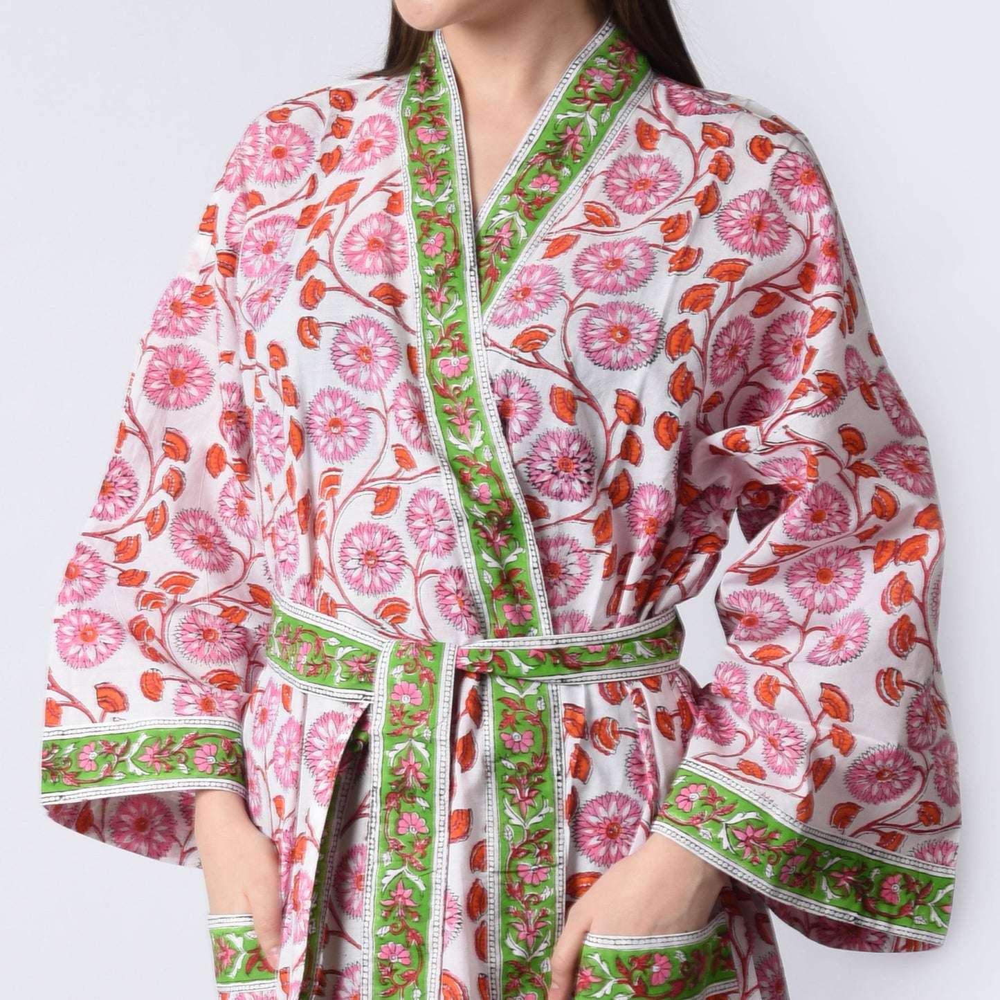 Handblock bedrucktes Sanganeri Jaipuri Florales Damen Kimonokleid Strandkleidung Schlafkleidung Gürtelkleid