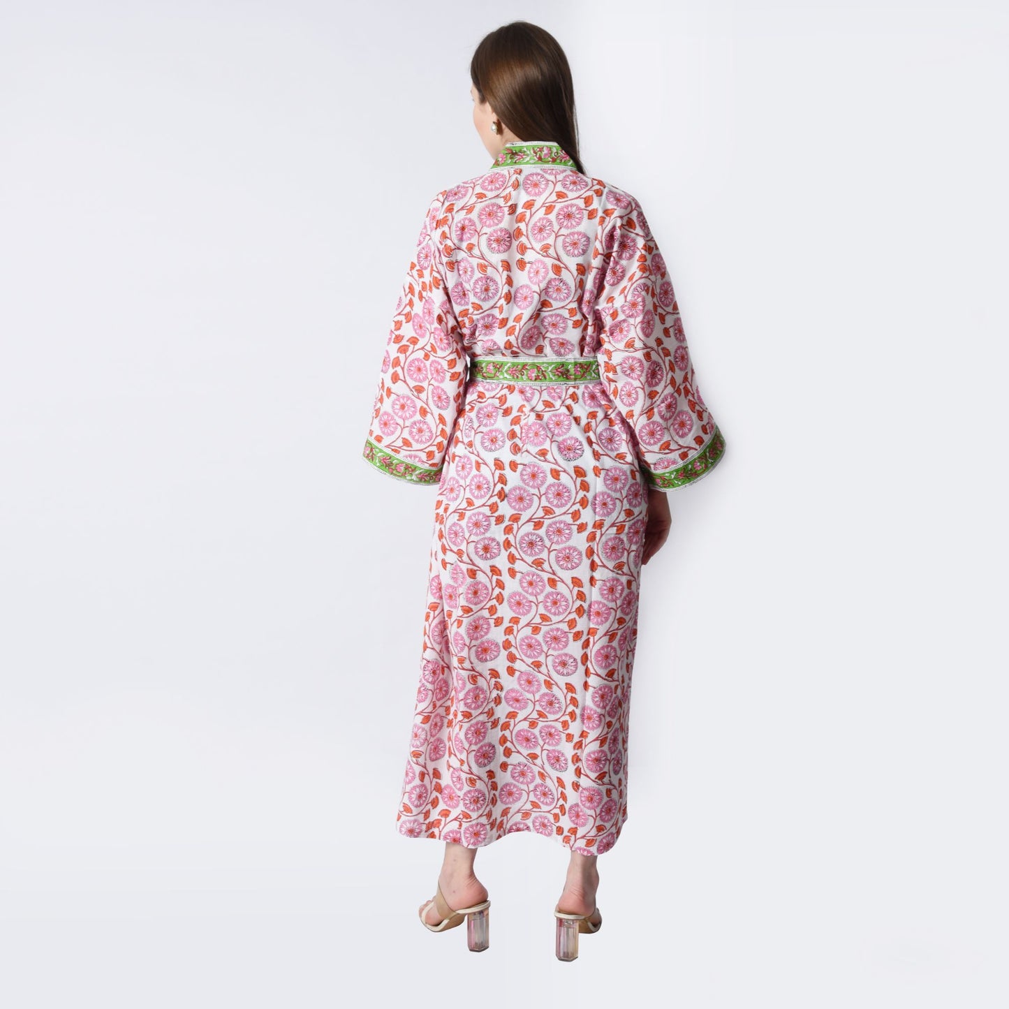 Handblock bedrucktes Sanganeri Jaipuri Florales Damen Kimonokleid Strandkleidung Schlafkleidung Gürtelkleid