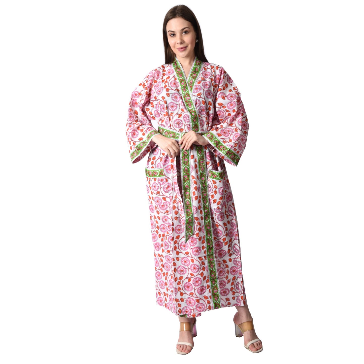 Handblock bedrucktes Sanganeri Jaipuri Florales Damen Kimonokleid Strandkleidung Schlafkleidung Gürtelkleid
