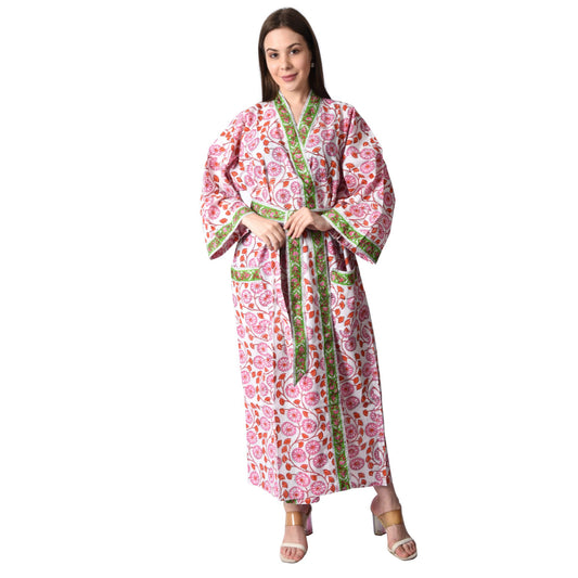 Handblock bedrucktes Sanganeri Jaipuri Florales Damen Kimonokleid Strandkleidung Schlafkleidung Gürtelkleid