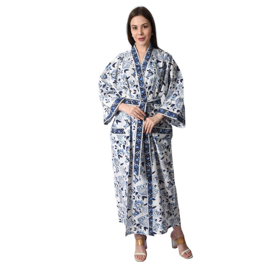 Handblock bedrucktes Sanganeri Jaipuri Florales Damen Kimonokleid Strandkleidung Schlafkleidung Gürtelkleid