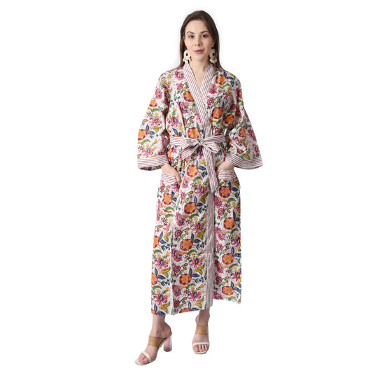 Handblock bedrucktes Sanganeri Jaipuri Florales Damen Kimonokleid Strandkleidung Schlafkleidung Gürtelkleid