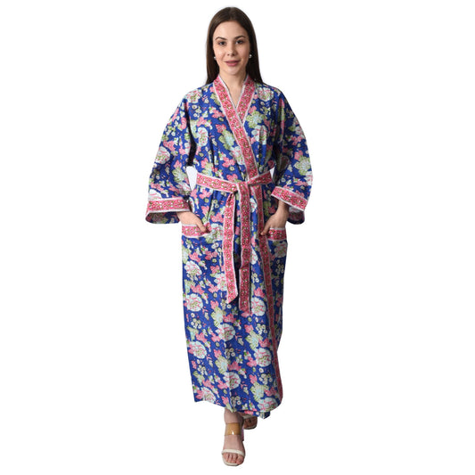 Handblock bedrucktes Sanganeri Jaipuri Florales Damen Kimonokleid Strandkleidung Schlafkleidung Gürtelkleid