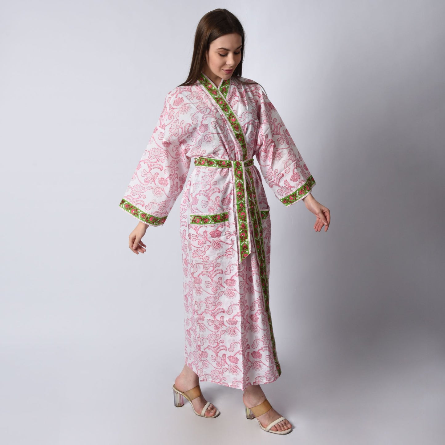Handblock bedrucktes Sanganeri Jaipuri Florales Damen Kimonokleid Strandkleidung Schlafkleidung Gürtelkleid