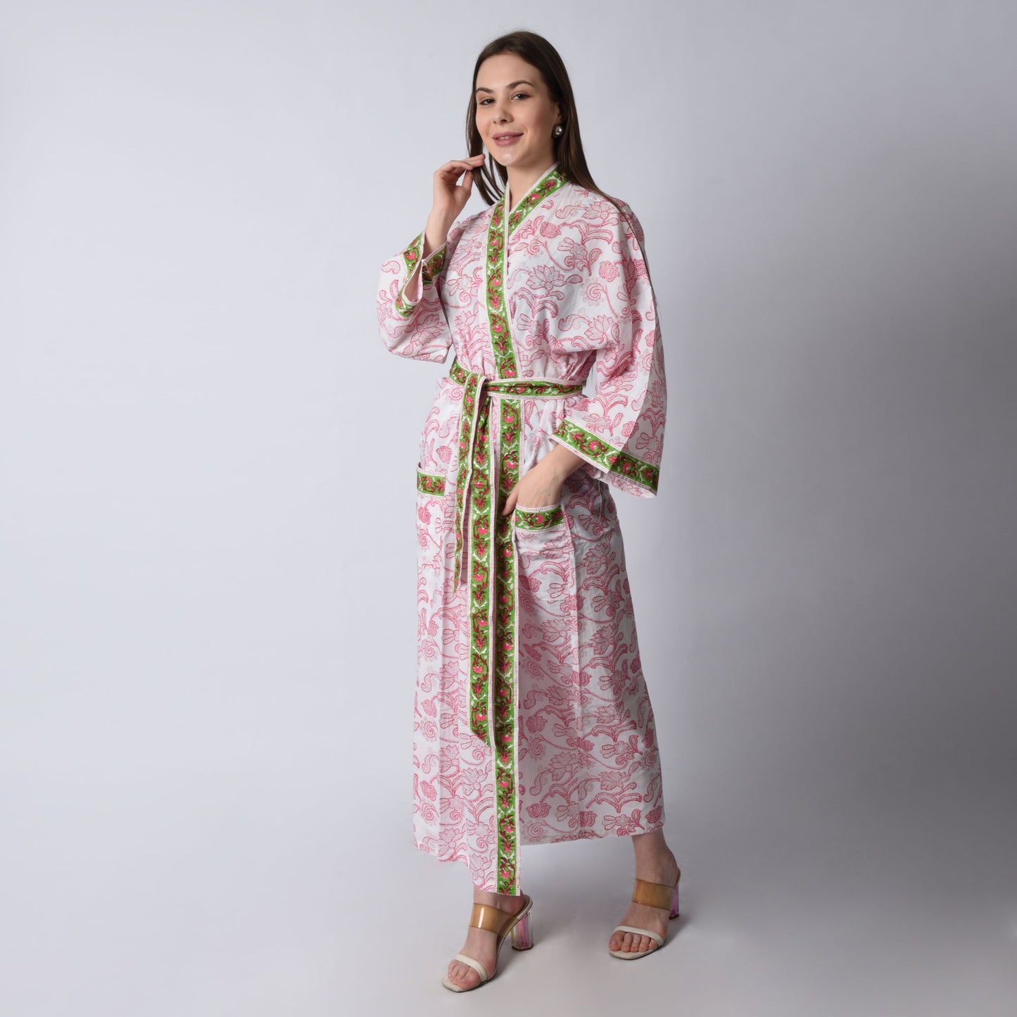Handblock bedrucktes Sanganeri Jaipuri Florales Damen Kimonokleid Strandkleidung Schlafkleidung Gürtelkleid