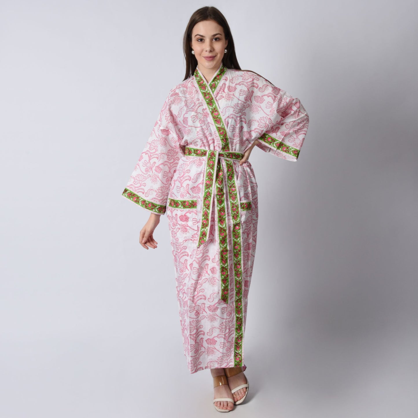 Handblock bedrucktes Sanganeri Jaipuri Florales Damen Kimonokleid Strandkleidung Schlafkleidung Gürtelkleid