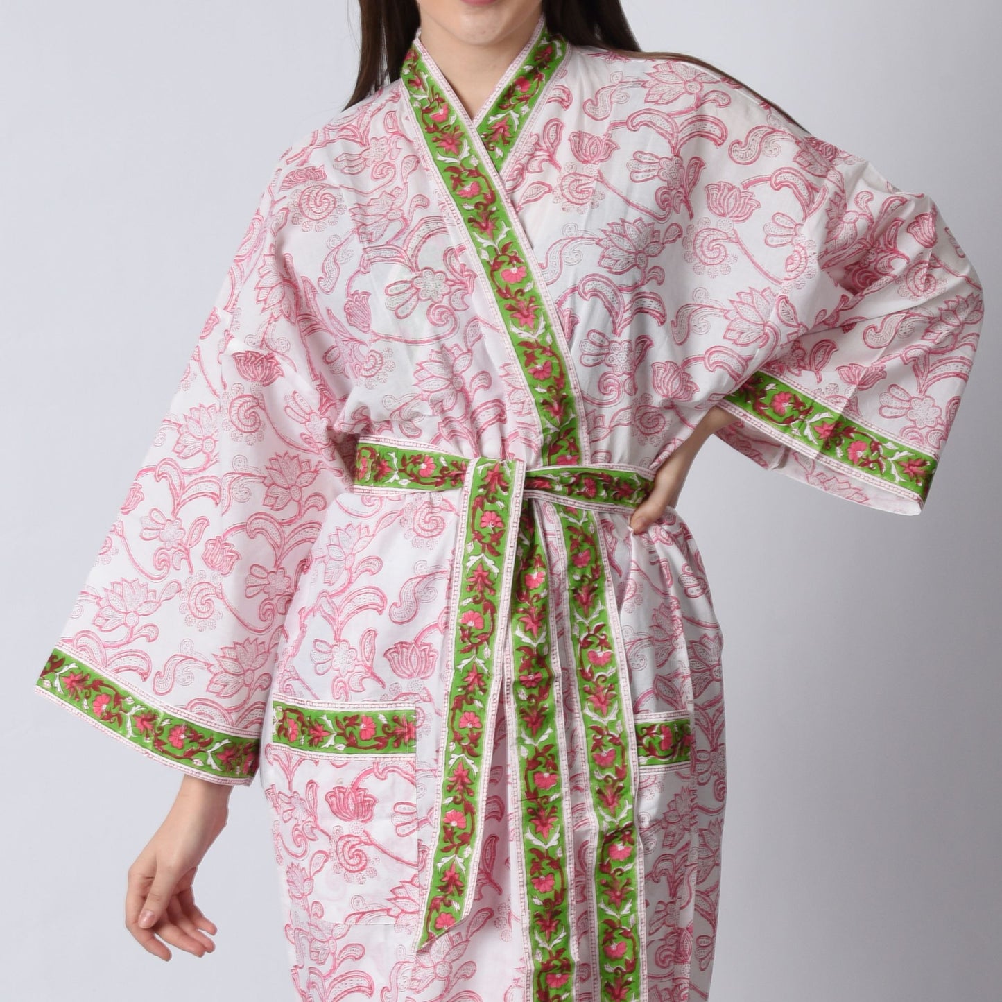 Handblock bedrucktes Sanganeri Jaipuri Florales Damen Kimonokleid Strandkleidung Schlafkleidung Gürtelkleid