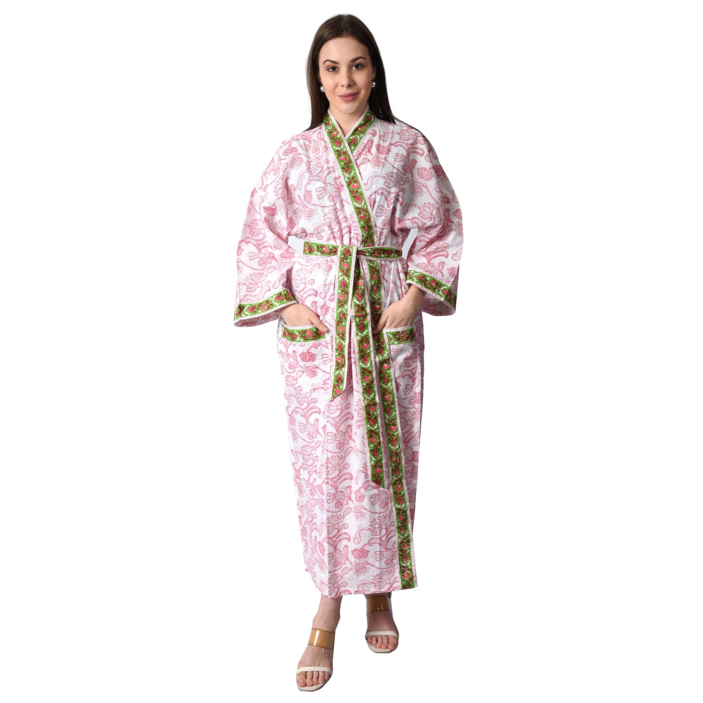 Handblock bedrucktes Sanganeri Jaipuri Florales Damen Kimonokleid Strandkleidung Schlafkleidung Gürtelkleid